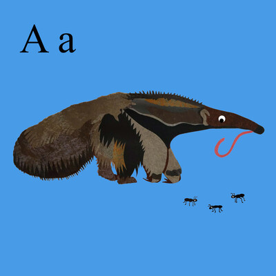 A collaged picture of an anteater and three tiny ants on a light blue background.