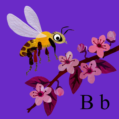 A collaged image of a bee hovering above some pink blossom on a purple background.