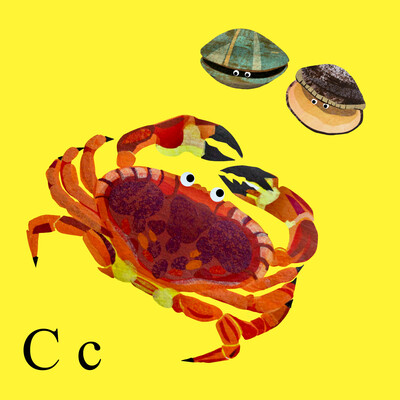 A collaged image of a crab with two small clams peering out of their shells on a yellow background.
