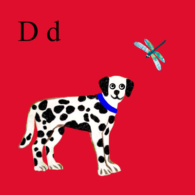 A collaged image of a Dalmation dog and a dragonfly on a red background.