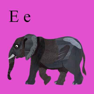 A collaged image of an elephant on a purple background.