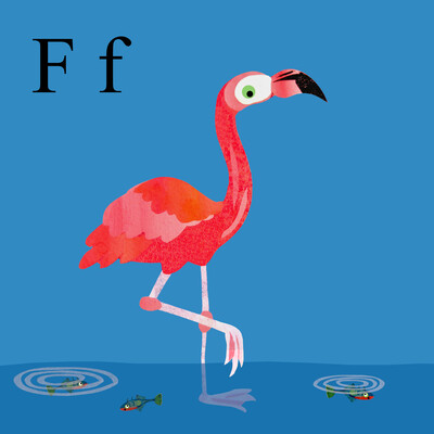 A collaged image of a pink flamingo stepping in a pond with a tiny fish in the water on a blue background 