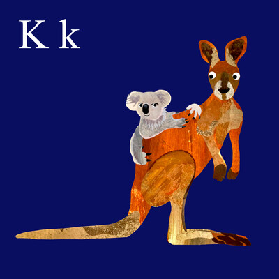 A collaged image of a kangaroo with a koala bear on its back on a dark purple background.