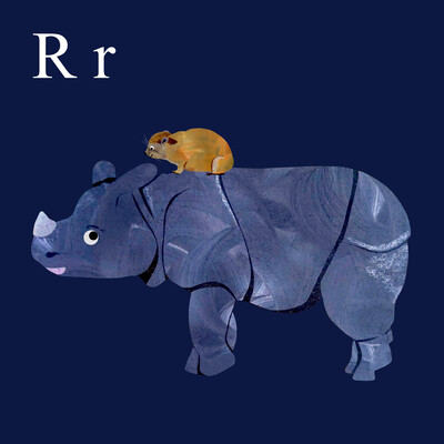 A collaged image of a rhino with Hyrax on its back on a dark blue background.