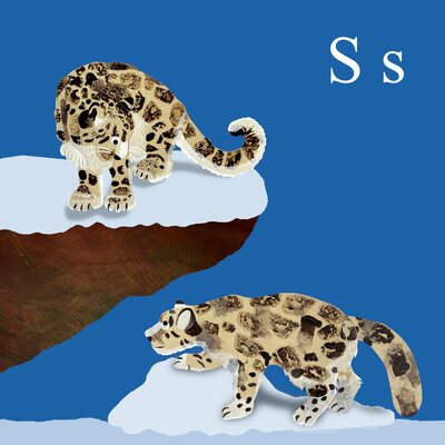 A collaged image of two snow leopards on snowy rocks on a dark blue background.