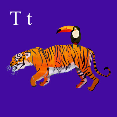 A collaged image of a prowling tiger with a toucan on its back on a purple background.