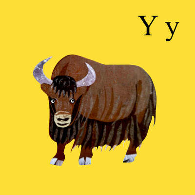 A collaged image of a yak on a yellow background.